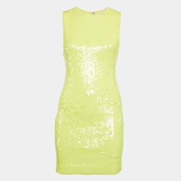 Pre Owned Alice + Olivia Yellow Sequin Embellished Stretch Mesh Mini Dress M