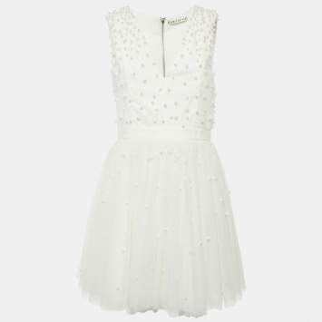 Pre Owned Alice + Olivia White Beads Embroidered Tulle Flared Mini Dress L
