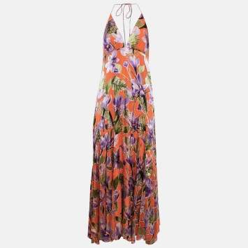 Pre Owned Alice + Olivia Orange Floral Print Chiffon Halter Neck Maxi Dress M