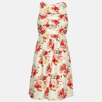 Pre Owned Alice + Olivia White Floral Print Crepe Pleated Sleeveless Mini Dress S