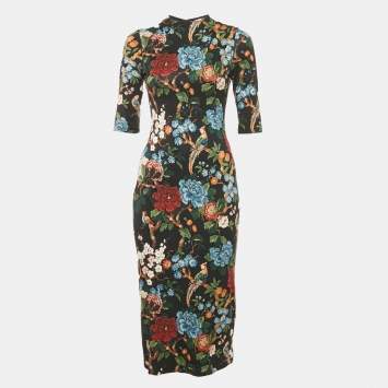 Pre Owned Alice + Olivia Black Floral Print Jersey Midi Dress S