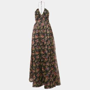Pre Owned Alice + Olivia Black Floral Print Silk-Taffeta Saori Gathered Gown M