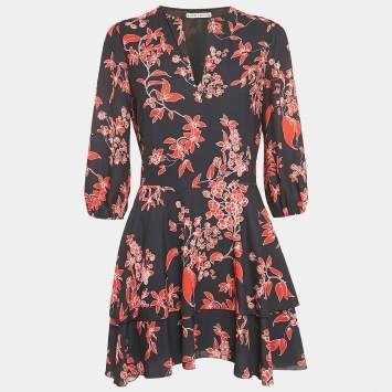 Pre Owned Alice + Olivia Black Floral Print Chiffon Short Dress M