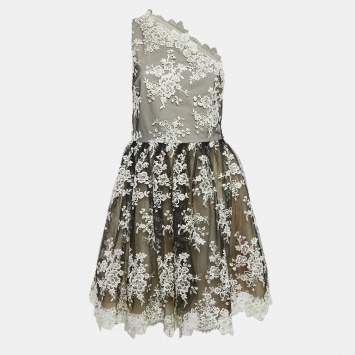 Alice + Olivia Black Embroidered Tulle One-Shoulder Mini Morganne Dress M