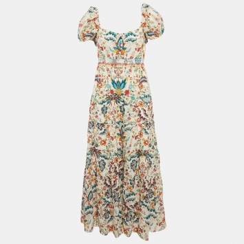 Alice + Olivia White Floral Print Smocked Long Dress M