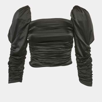 Alice + Olivia Black Silk Satin Ruched Puff Sleeve Katrice Top S