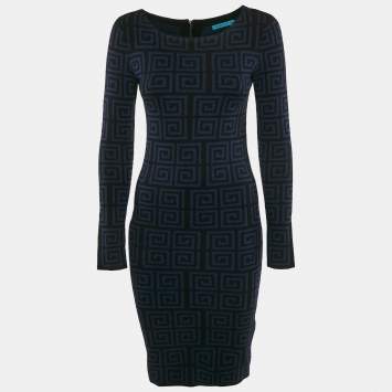 Alice + Olivia Blue/Black Patterned Wool Knit Knee-Length Dress M