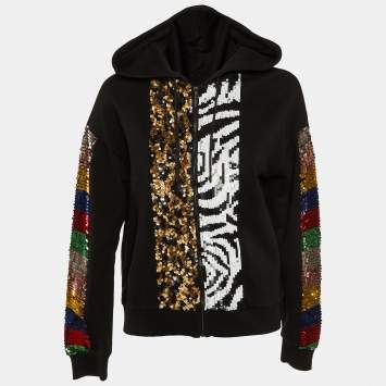Pre Owned Alice + Olivia Jeans Black Cotton Knit Embellished Zip Front Hoodie M