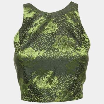 Pre Owned Alice + Olivia Black/Green Rose Jacquard Crop Top S