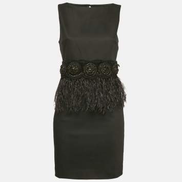 Alice + Olivia Black Feather Trim Crepe Marigay Rosette Peplum Dress S