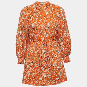 Alice + Olivia Orange Lilian Floral Linen Blend Belted Mini Dress S