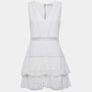 Alice + Olivia White Broderie Anglaise Modal Tiered Mini Dress L