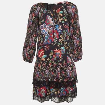 Pre Owned Alice + Olivia Black Floral Print Crepe & Lace Tiered Dress M