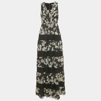 Pre Owned Alice + Olivia Black Floral Print Crepe Lace Detail Tiered Maxi Dress S