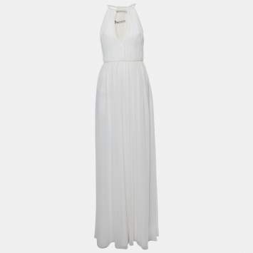 Pre Owned Alice + Olivia Off White Plisse Chiffon Naomi Maxi Dress S