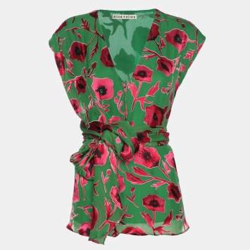 Pre Owned Alice + Olivia Green/Pink Poppy Print Silk Blend Essie Wrap Top XS