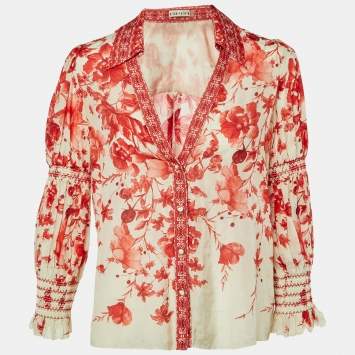 Pre Owned Alice + Olivia Red Printed Cotton & Silk Button Front Blouse M