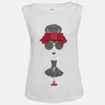 Pre Owned Alice + Olivia White Stace Face Print Bow Detailed Crepe T-Shirt M/L 