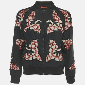 Pre Owned Alice + Olivia Black Embellished Silk Zip-Up Bomber Jacket XS