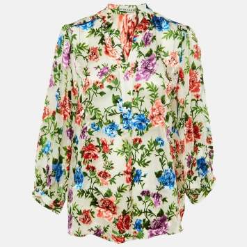Pre Owned Alice + Olivia Cream Floral Devore Mandarin Collar Top XL