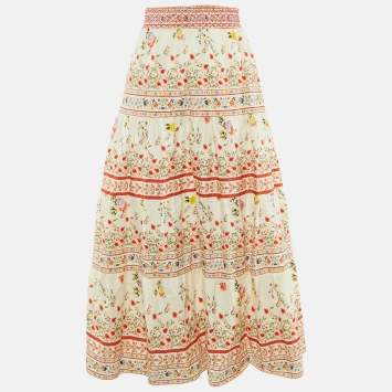 Pre Owned Alice + Olivia Beige Floral Print Linen & Cotton Tiered Melony Midi Skirt L  