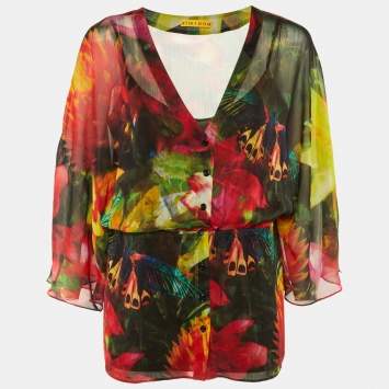 مملوكة مسبقًا Alice + Olivia Multicolor Floral Butterfly Print Crepe Top M