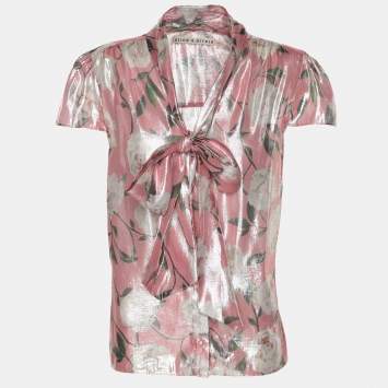 مملوكة مسبقًا Alice + Olivia Metallic Pink Flora Print Lurex Knit Neck Tie Top M