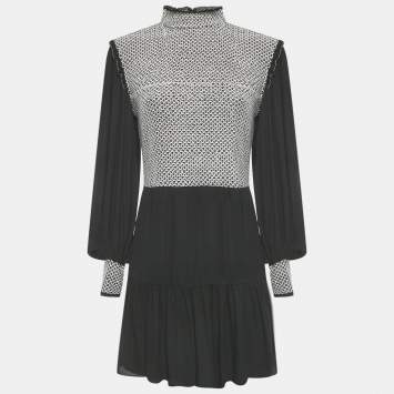 Pre Owned Alice + Olivia Black Embroidered Detail Crepe Elvira Tiered Mini Dress M