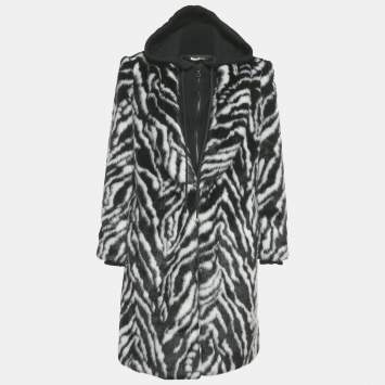 Pre Owned Alice + Olivia Black /White Animal Print Faux Fur Detachable Hood Coat M
