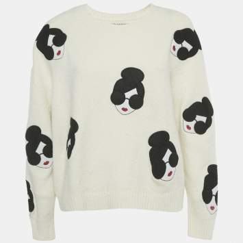 Pre Owned Alice + Olivia White Girl Applique Stretch Knit Sweater M