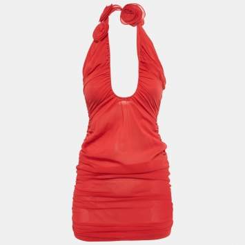 Pre Owned Alice + Olivia Red Silk Ruche Strapless Cut-Out Mini Dress XS