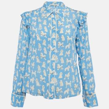 Pre Owned Alice + Olivia Blue Dogs Print Silk Ruffled Sleeve Shirt M