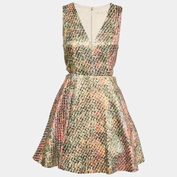 مملوكة مسبقًا  Alice + Olivia Multicolour Metallic Rainbow Tweed Cut Out Dress S 