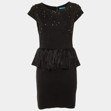 Pre Owned Alice + Olivia Black Embellished Jersey Feather Detail Peplum Mini Dress M