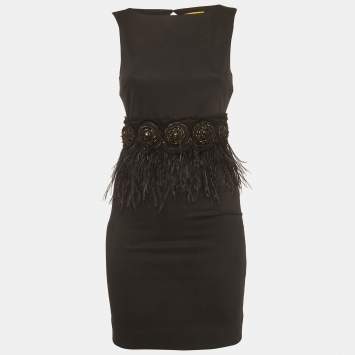 Pre Owned فستان أليس + أوليفيا أسود بكشكشة ريش كريب ماريجاي ورده بيبلوم صغير