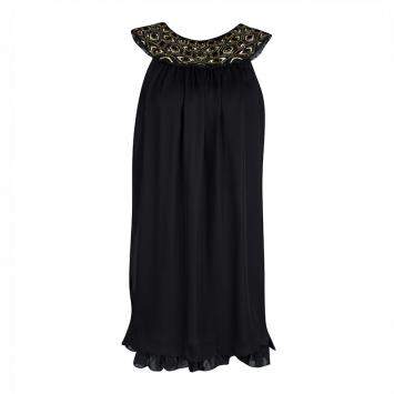 Pre Owned Alice + Olivia Black Embellished Neck Detail Sleeveless Silk Trapeze Dress XS