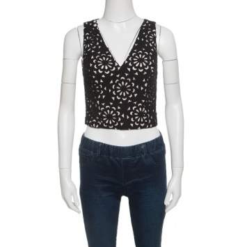 Pre Owned Alice + Olivia Black Floral Laser Cut Sleeveless Lyla Crop Top S