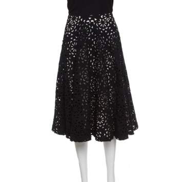 Pre Owned Alice + Olivia Black Floral Laser Cut Flared Viviana Skirt S