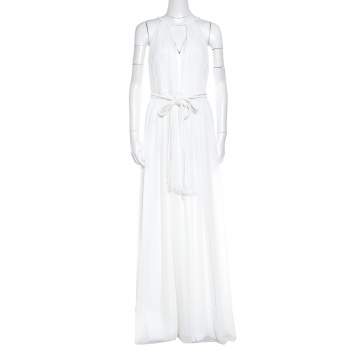 Pre Owned Alice + Olivia White Plisse Plunge Neck Naomi Goddess Gown S