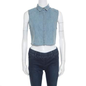 Pre Owned Alice + Olivia Indigo Faded Effect Denim Sleeveless Lea Cropped Blouse S