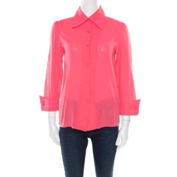 Pre Owned Alice + Olivia Neon Pink Silk Long Sleeve Shirt XS