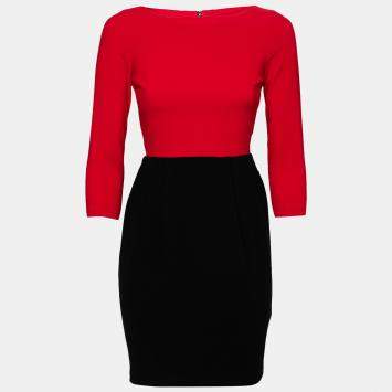 Pre Owned Alice + Olivia Red and Black Crepe Ira Sheath Dress S
