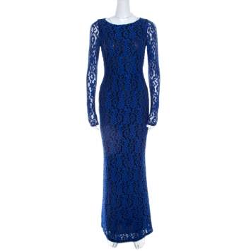 Pre Owned Alice + Olivia Cobalt Blue Lace Long Sleeve Flared Maryanna Maxi Dress XS