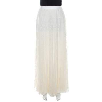 Pre Owned Alice + Olivia Cream Floral Embroidered Plisse Silk Louie Maxi Skirt S