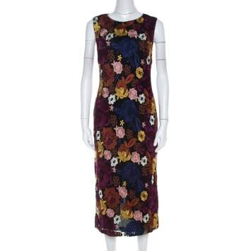 Pre Owned Alice + Olivia Multicolor Floral Embroidered Lace Nat Midi Dress L 