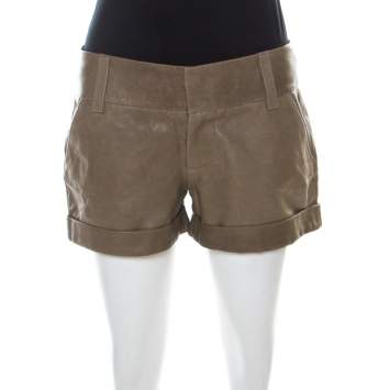 مملوكة مسبقًا Alice + Olivia Taupe Green Leather Cuffed Shorts S