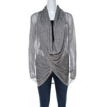 Pre Owned Alice + Olivia Grey Light Knit Wrap Front Draped Cardigan M 