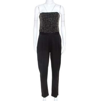 Pre Owned Alice + Olivia Black Silk Beaded Strapless Jumpsuit M