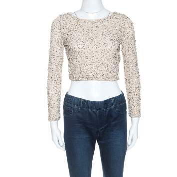 Pre Owned Alice + Olivia Beige Embellished Long Sleeve Lacey Crop Top S