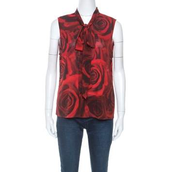 مملوكة مسبقًا Alice + Olivia Red Rose Print Silk Tie Neck Detail Sleeveless Top M